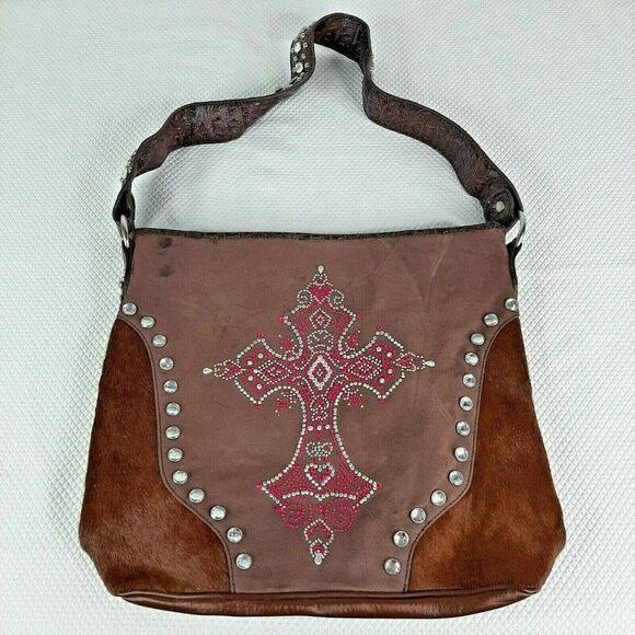 New BHW Shoulder Bag Purse Brown Bling Pink Cross Suede Calf Hair Western - Picture 1 of 6